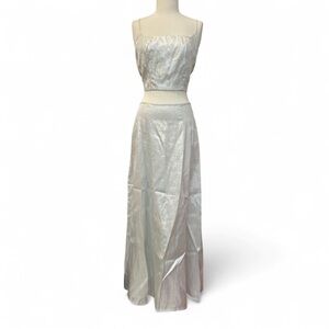 9/10 Vintage Silver Metallic Silver Corset Skirt Set 90s Y2K Shimmer Floral